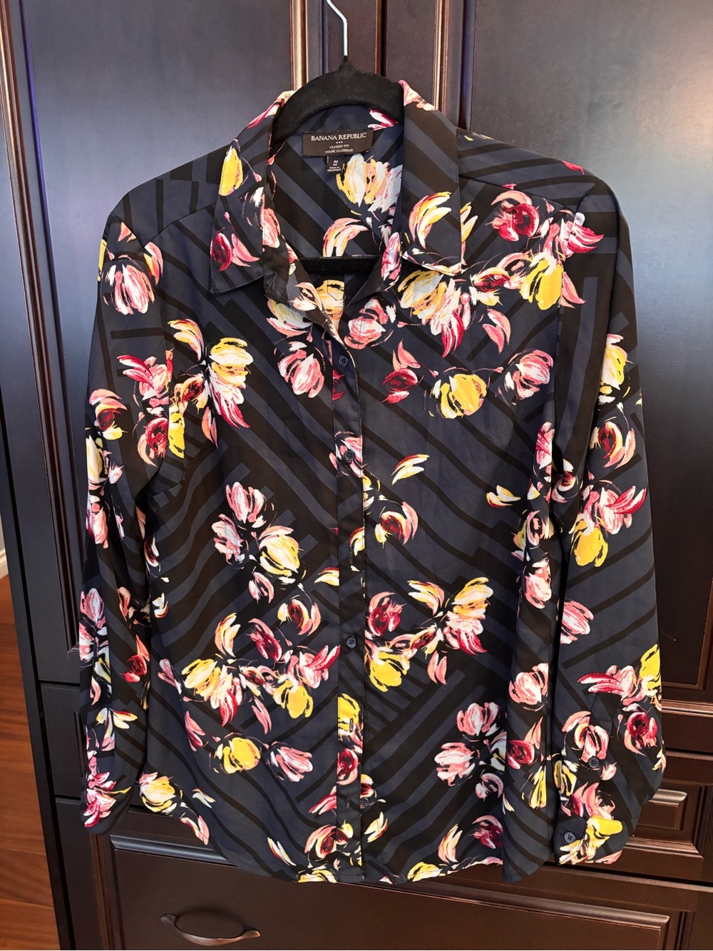Banana Republic Men’s Black Floral Button-Down Shirt with Yellow & Pink Accents